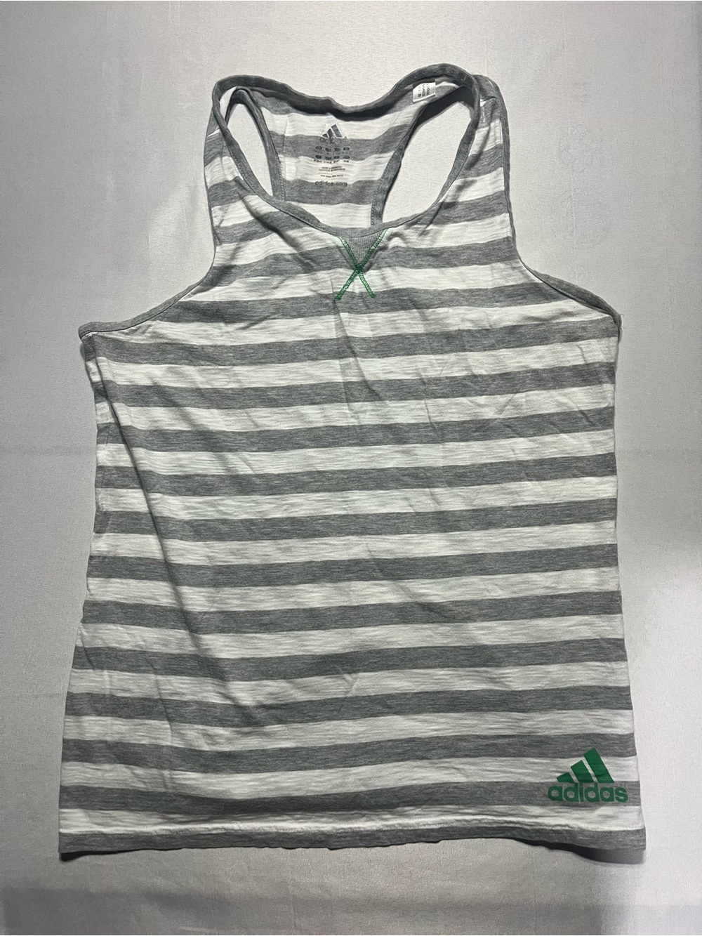 adidas Women’s Medium Gray & White Striped Racerback Sleeveless Tank Green Logo